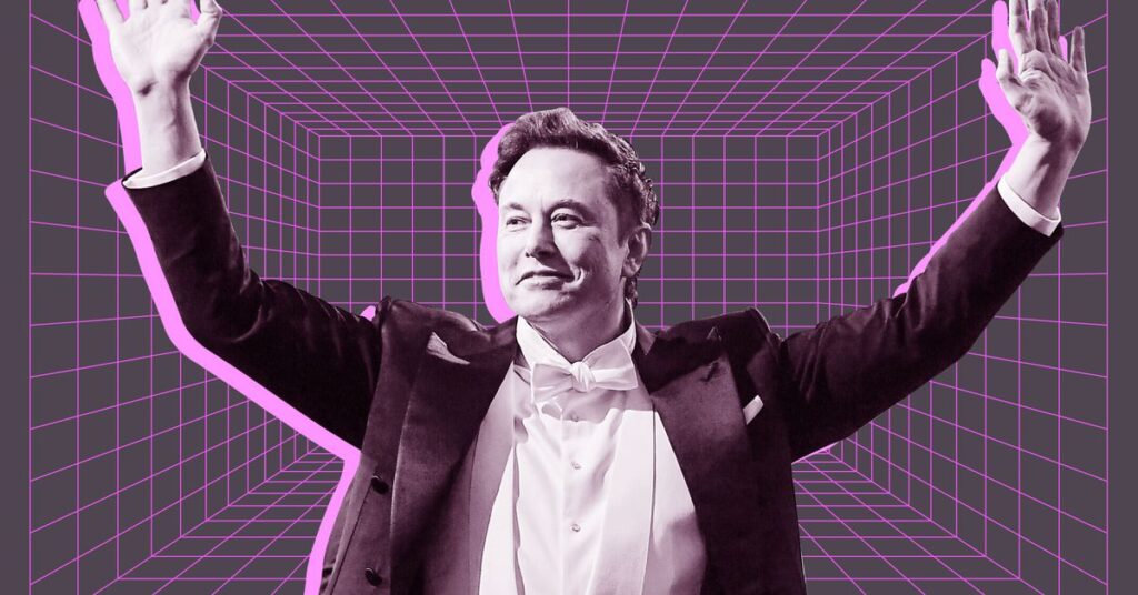 Elon Musk grins in a photo illustration, lifting his arms over his head triumphantly